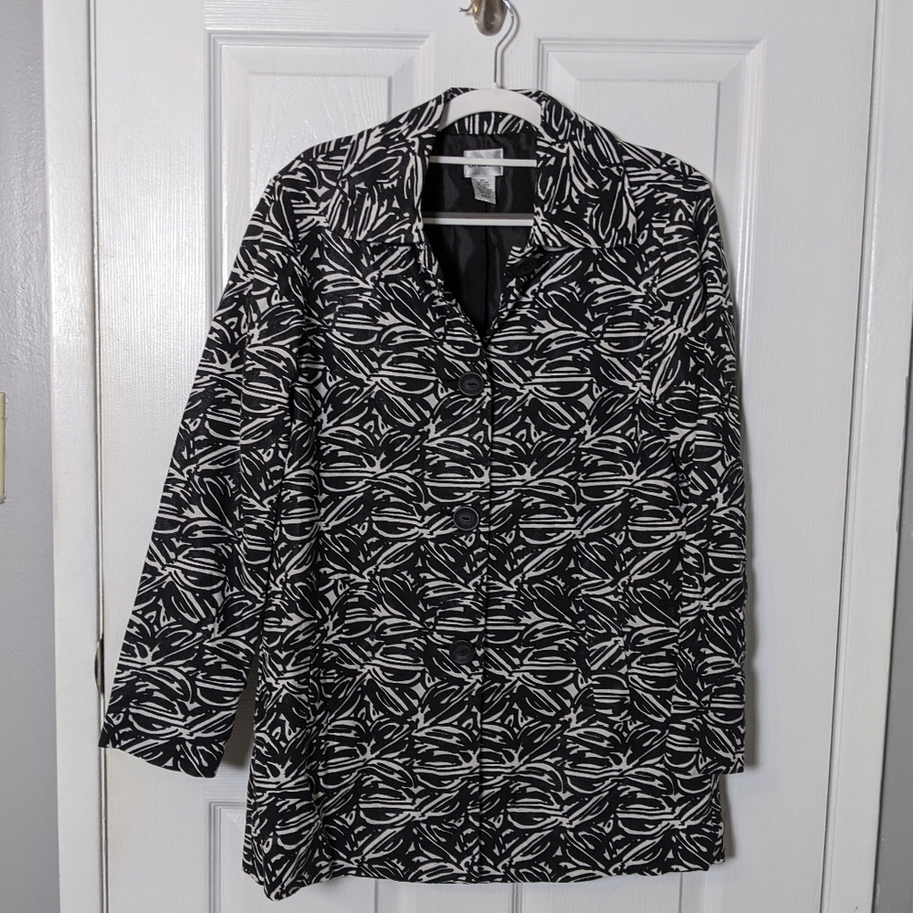 Chico's Linen Button Down Coat‎ in Black and White Print Size Women's Small